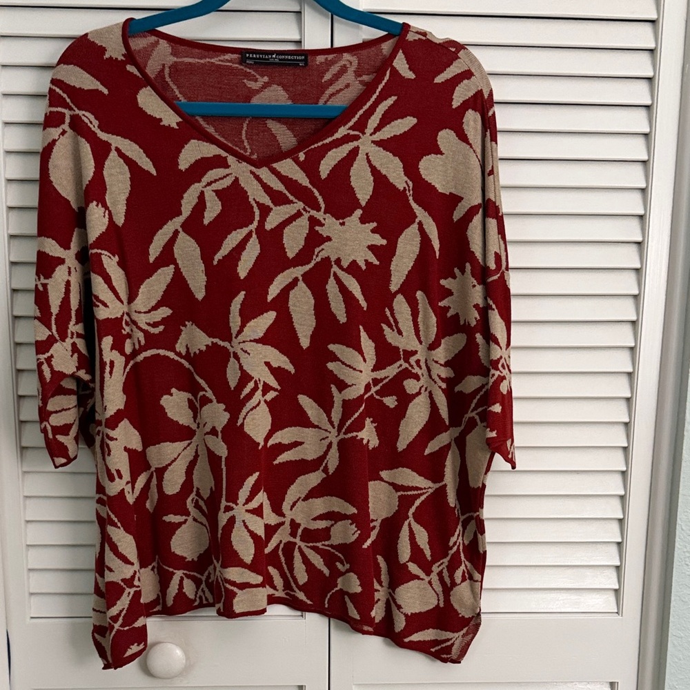 Peruvian Connection Red and Cream Floral V-Neck Sweater